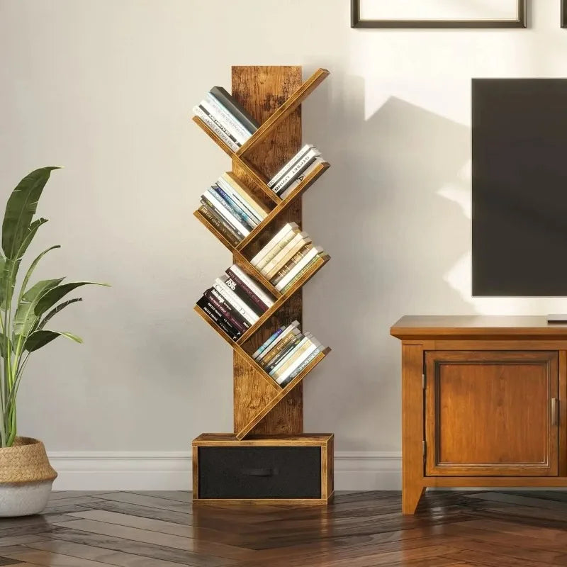 Wooden Tree Bookshelf with Drawers