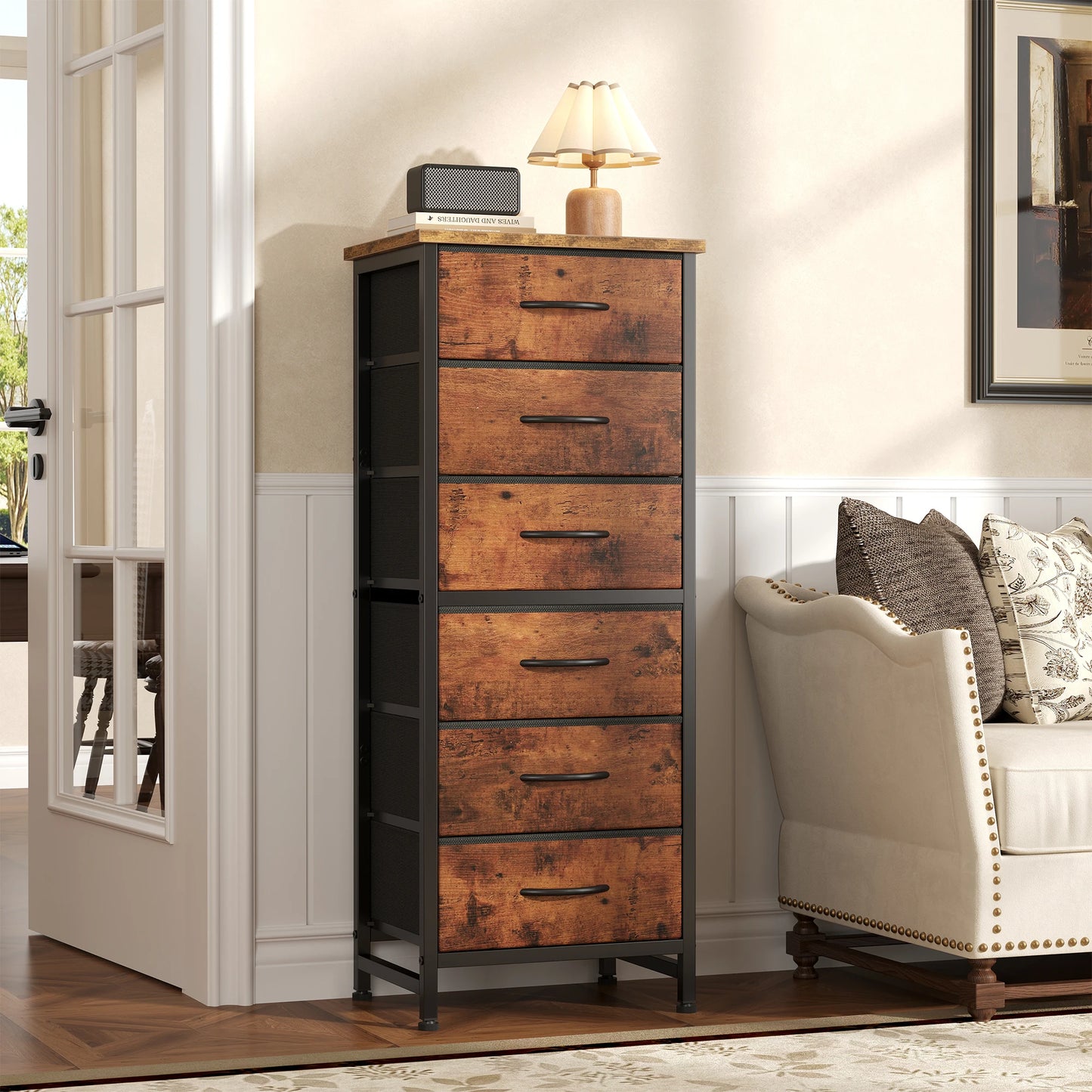 6-Drawer Fabric Dresser with Wood Top