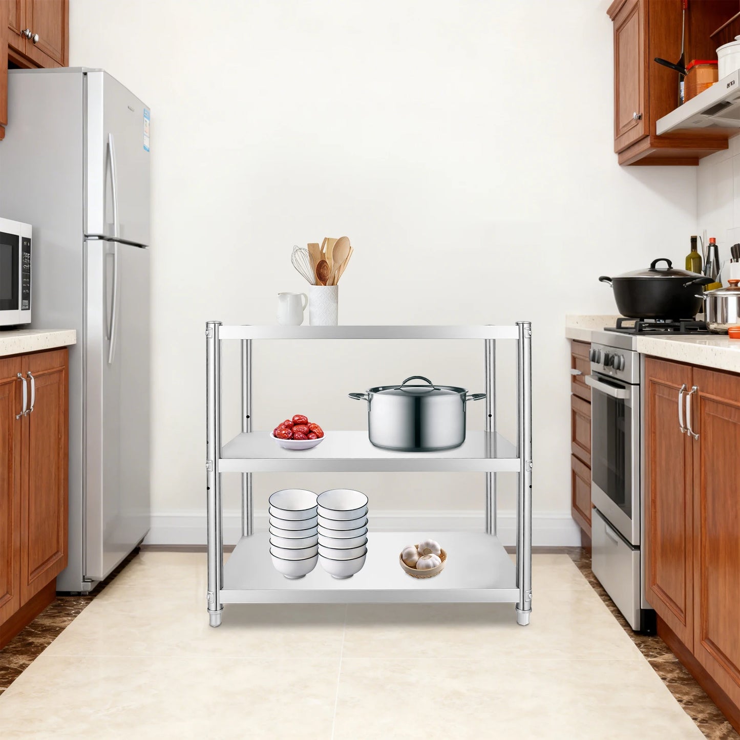 3-Tier Stainless Steel Kitchen Work Table with Adjustable Shelf
