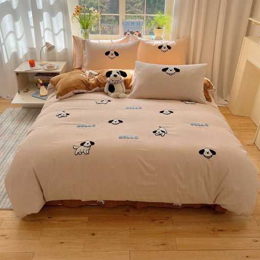 4-Piece Cartoon Embroidered Reversible Duvet Cover Set