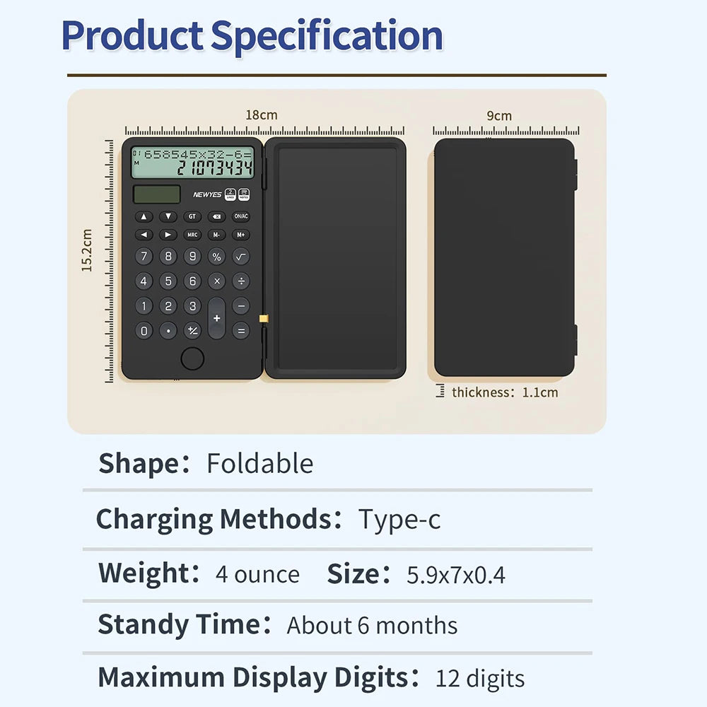 Portable Calculator with Notepad 12-Digit LCD Display Rechargeable Solar