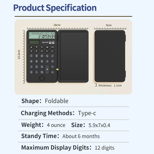 Portable Calculator with Notepad 12-Digit LCD Display Rechargeable Solar