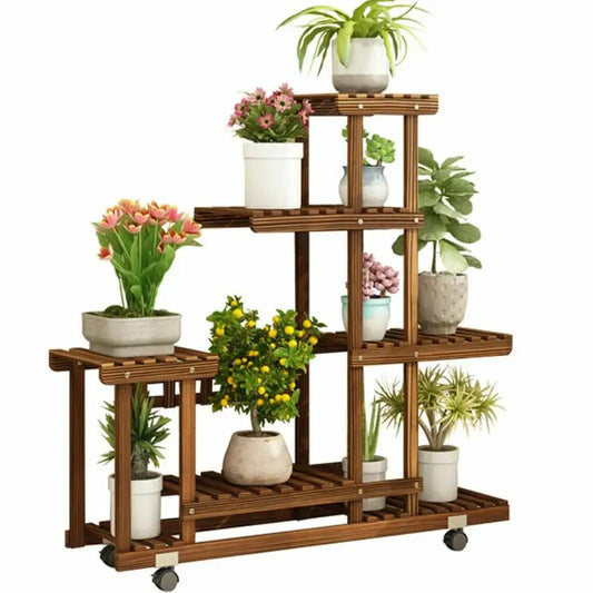 Multi-layer Rolling Wooden Plant Stand with Wheels