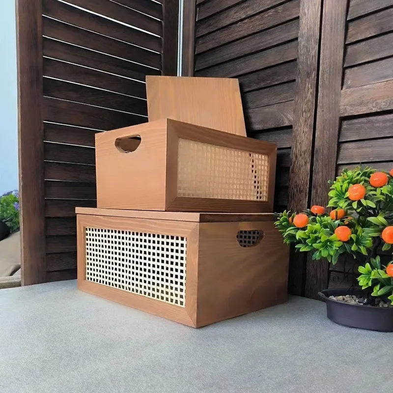 Wooden Woven Storage Basket with Lid