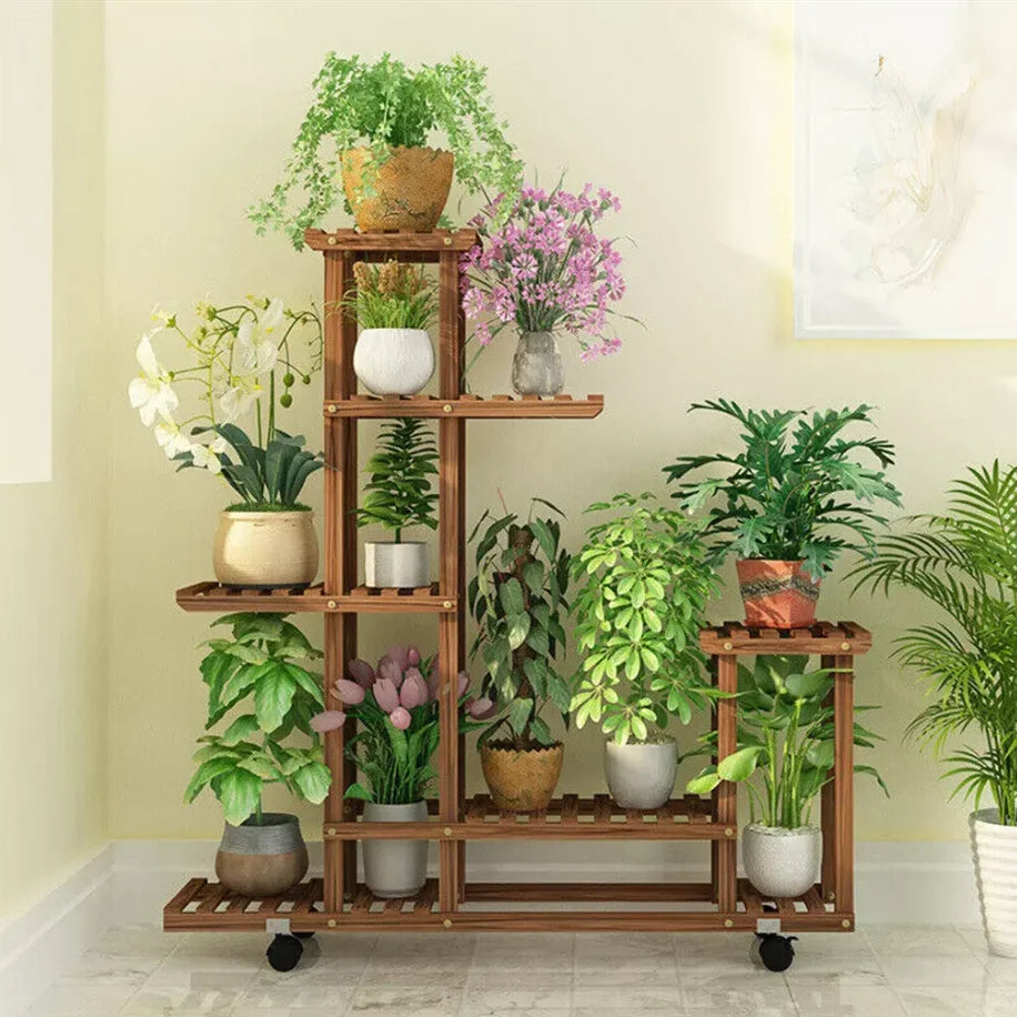 Multi-layer Rolling Wooden Plant Stand with Wheels