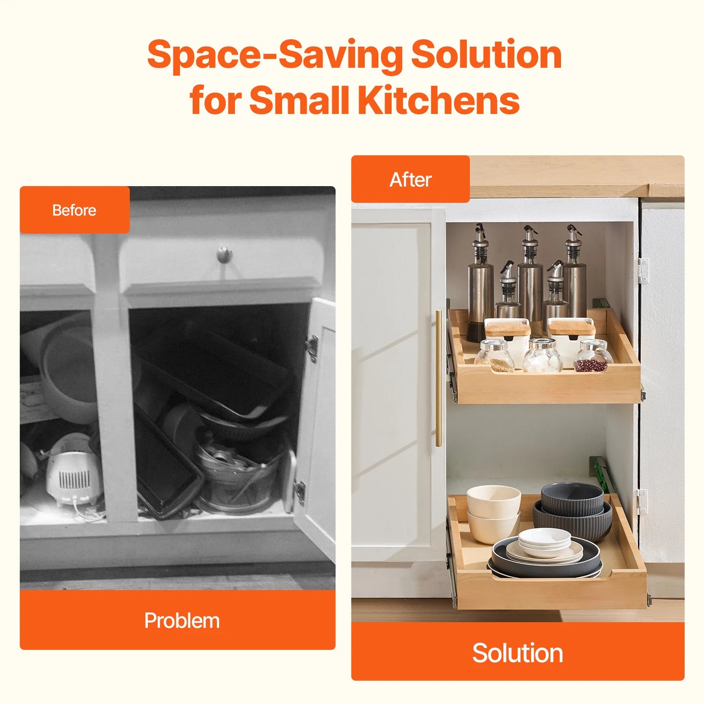 Pull-Out Cabinet Organizer with Soft-Close Wood Drawer