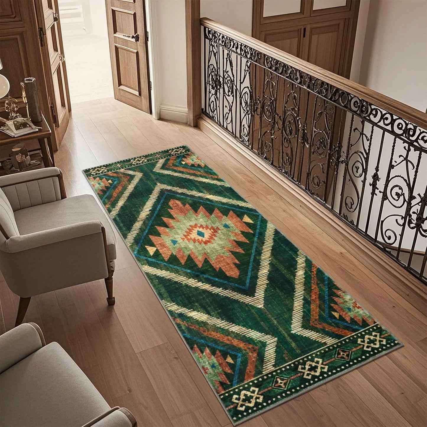 Vintage Green & Brown Runner Rug