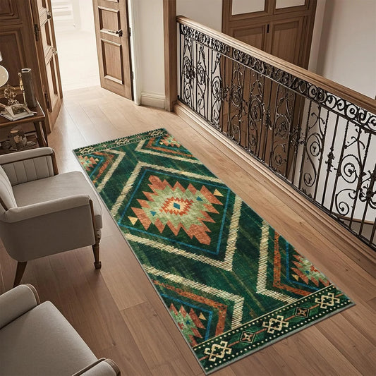 Vintage Green & Brown Runner Rug