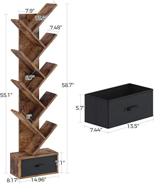Wooden Tree Bookshelf with Drawers