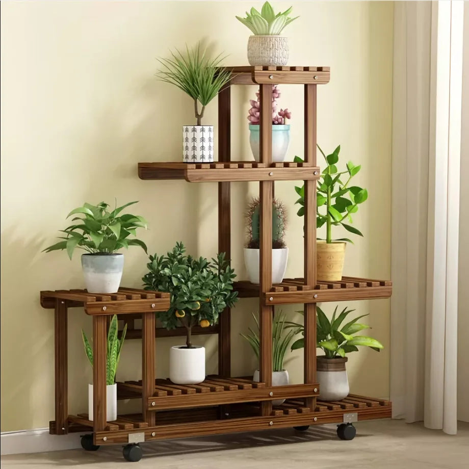 Multi-layer Rolling Wooden Plant Stand with Wheels