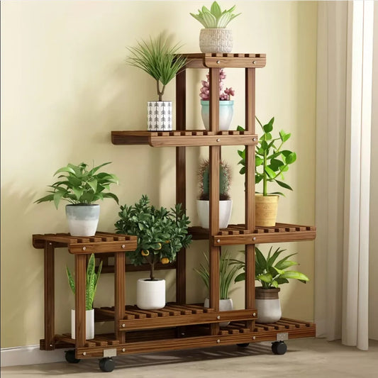 Multi-layer Rolling Wooden Plant Stand with Wheels