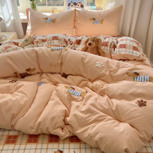 4-Piece Cartoon Embroidered Reversible Duvet Cover Set