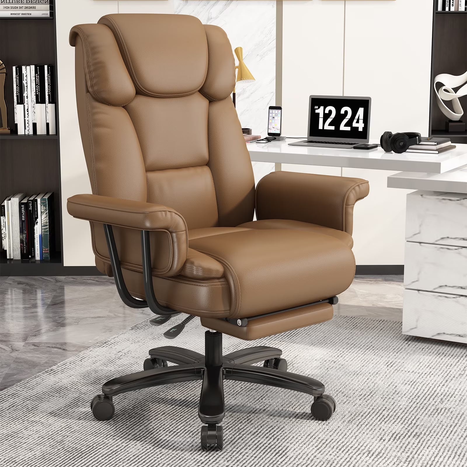 High Back Executive Office Chair, Ergonomic PU Leather Office Chair, Heavy Duty Computer Desk Chair, Reclining Office Chair with Footrest 400Lbs, Brown