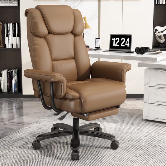High Back Executive Office Chair, Ergonomic PU Leather Office Chair, Heavy Duty Computer Desk Chair, Reclining Office Chair with Footrest 400Lbs, Brown