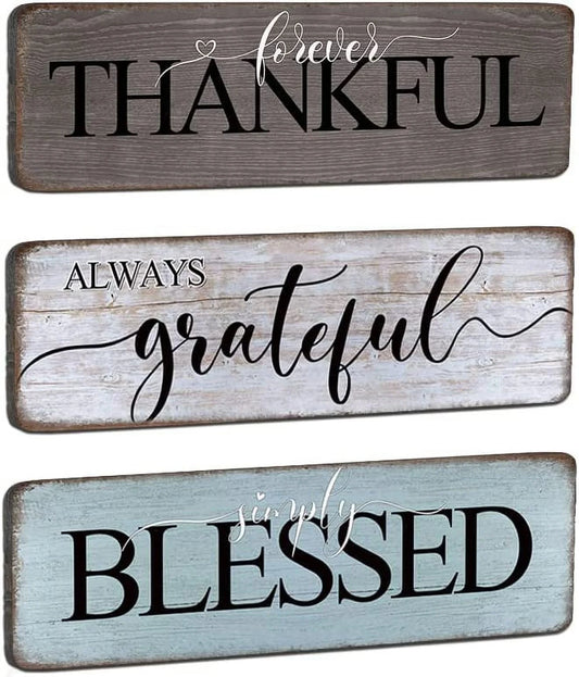 Farmhouse Home Sign Wall Decor Family Wall Decor for Living Room 3 Pieces Grateful Thankful Blessed Wall Art Decor 16"X5" Inspirational Family Quotes Wall Decor Family Signs