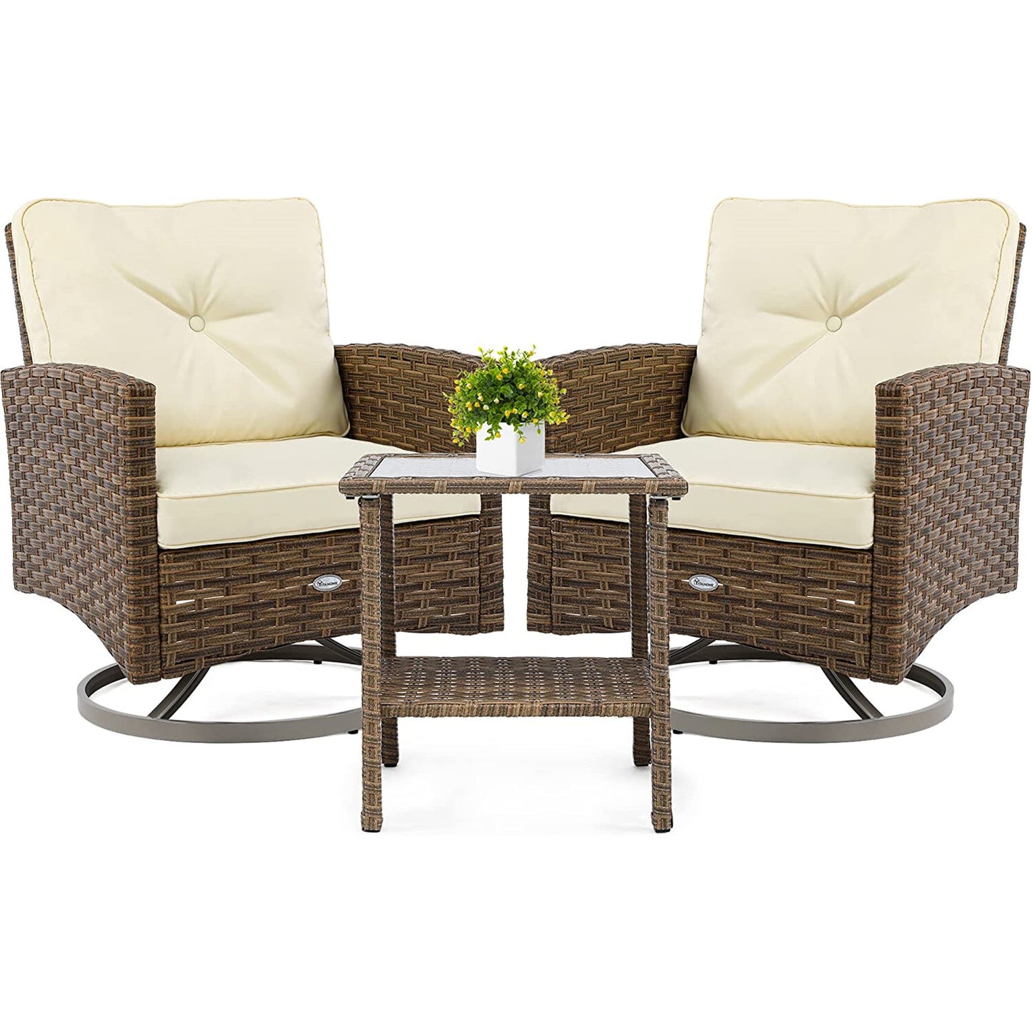 YINTATECH 3Pc Outdoor Furniture Garden Bistro Rocking Set Rattan Chair Cushion