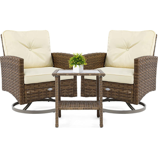YINTATECH 3Pc Outdoor Furniture Garden Bistro Rocking Set Rattan Chair Cushion