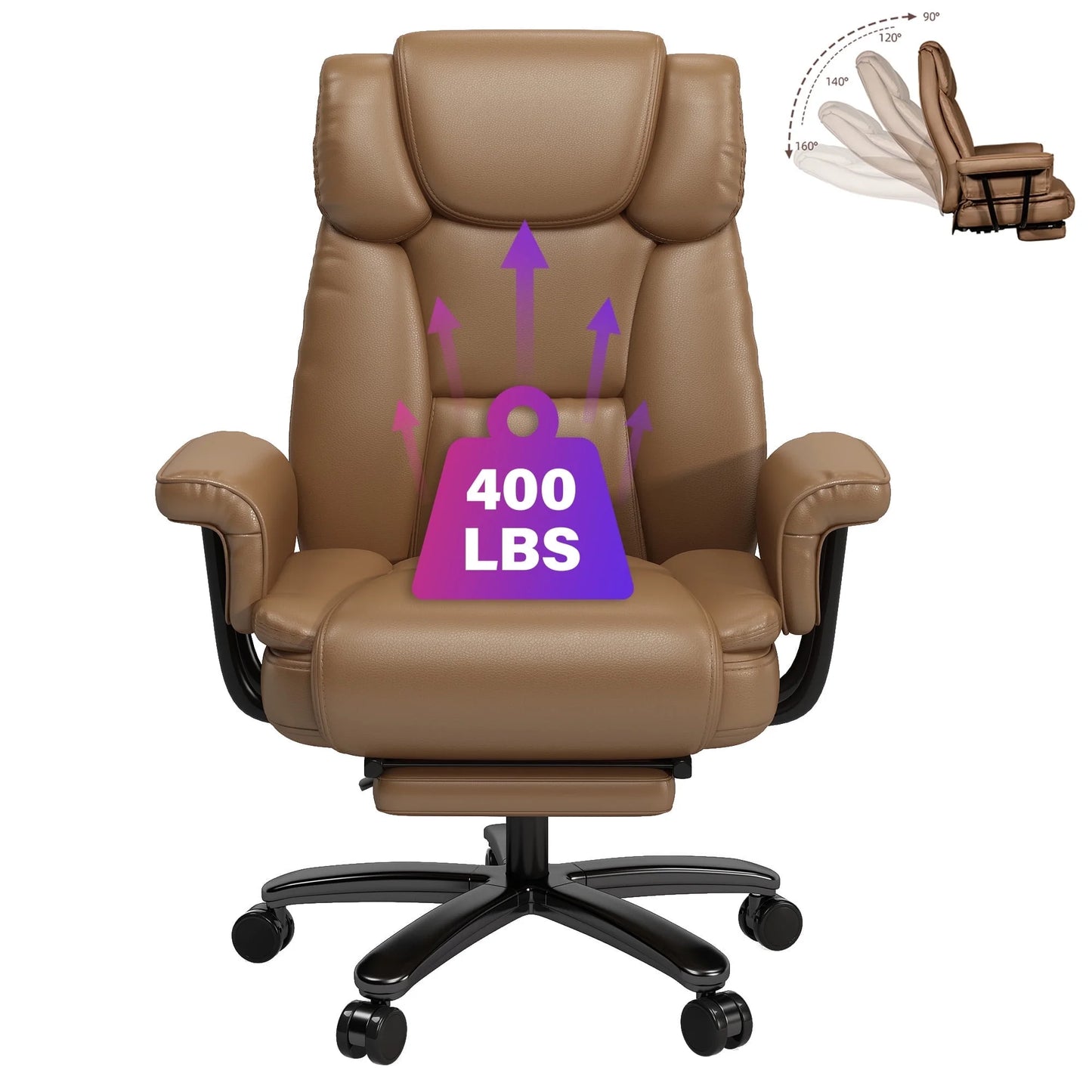 High Back Executive Office Chair, Ergonomic PU Leather Office Chair, Heavy Duty Computer Desk Chair, Reclining Office Chair with Footrest 400Lbs, Brown