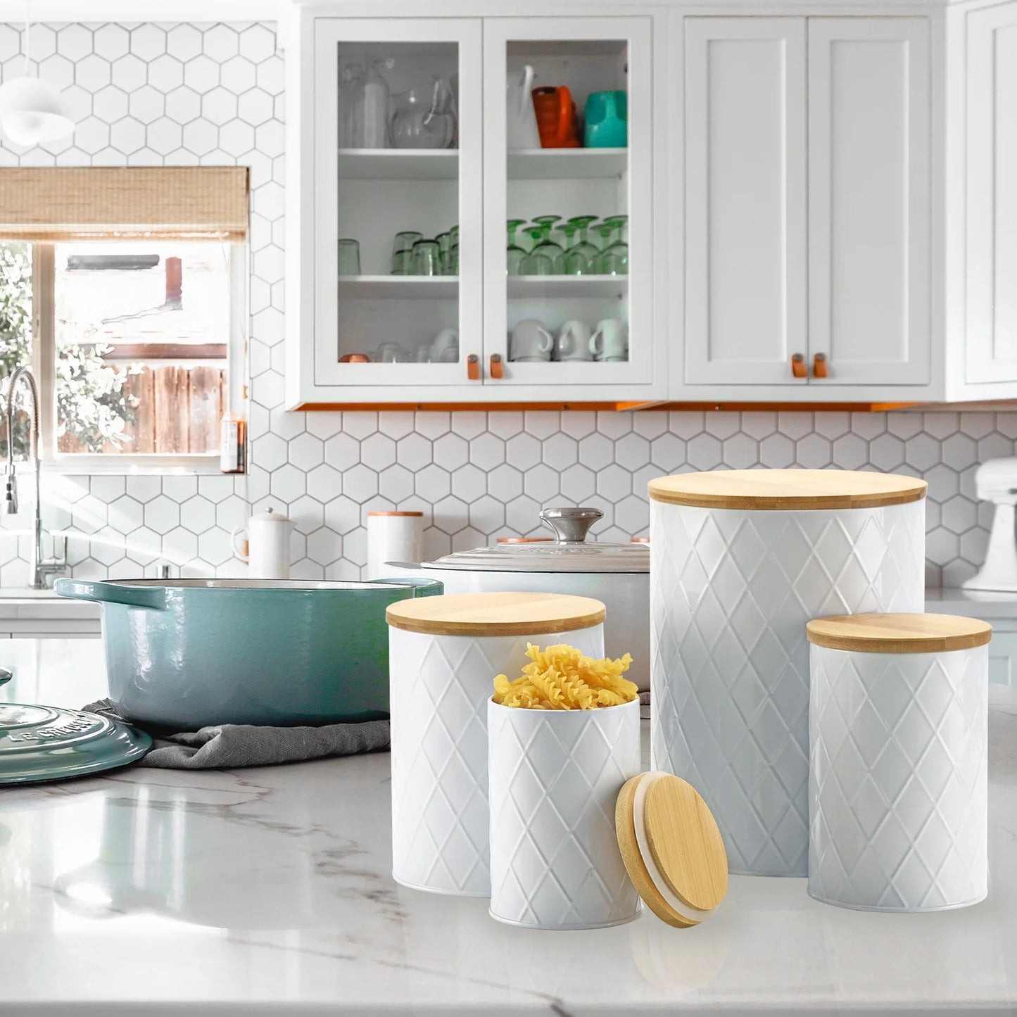 White Kitchen Canisters Set with Wooden Lids, Airtight Sugar, Flour, Coffee, Cookie Storage Canister Sets for Kitchen Countertop, 4 Pack