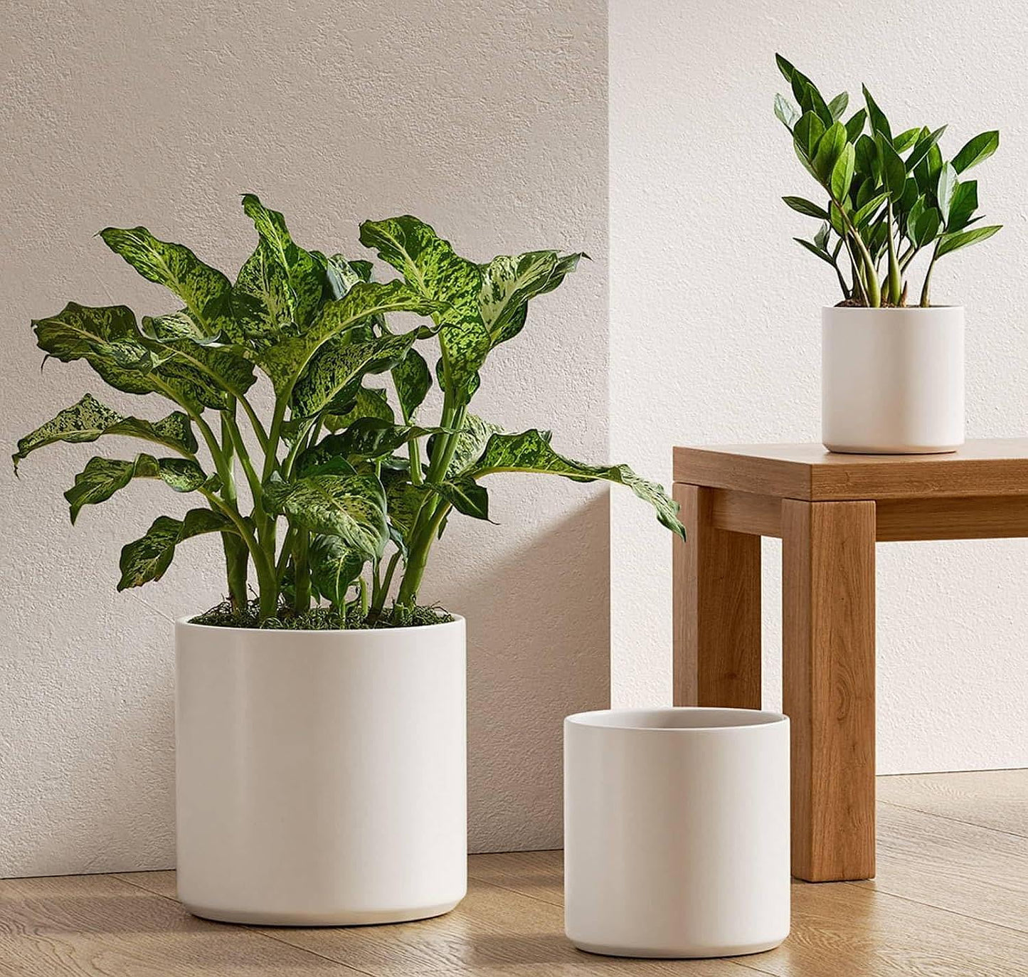 Set of 3 (10"+8"+6") Plant Pots with Drainage Hole & Plug for Indoor & Patio Decor, White Indoor Plant Pots