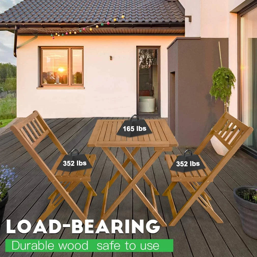 3 Piece Acacia Wood Folding Terrace Bistro Set Outdoor with 2 Chairs - round Table Natural Oiled