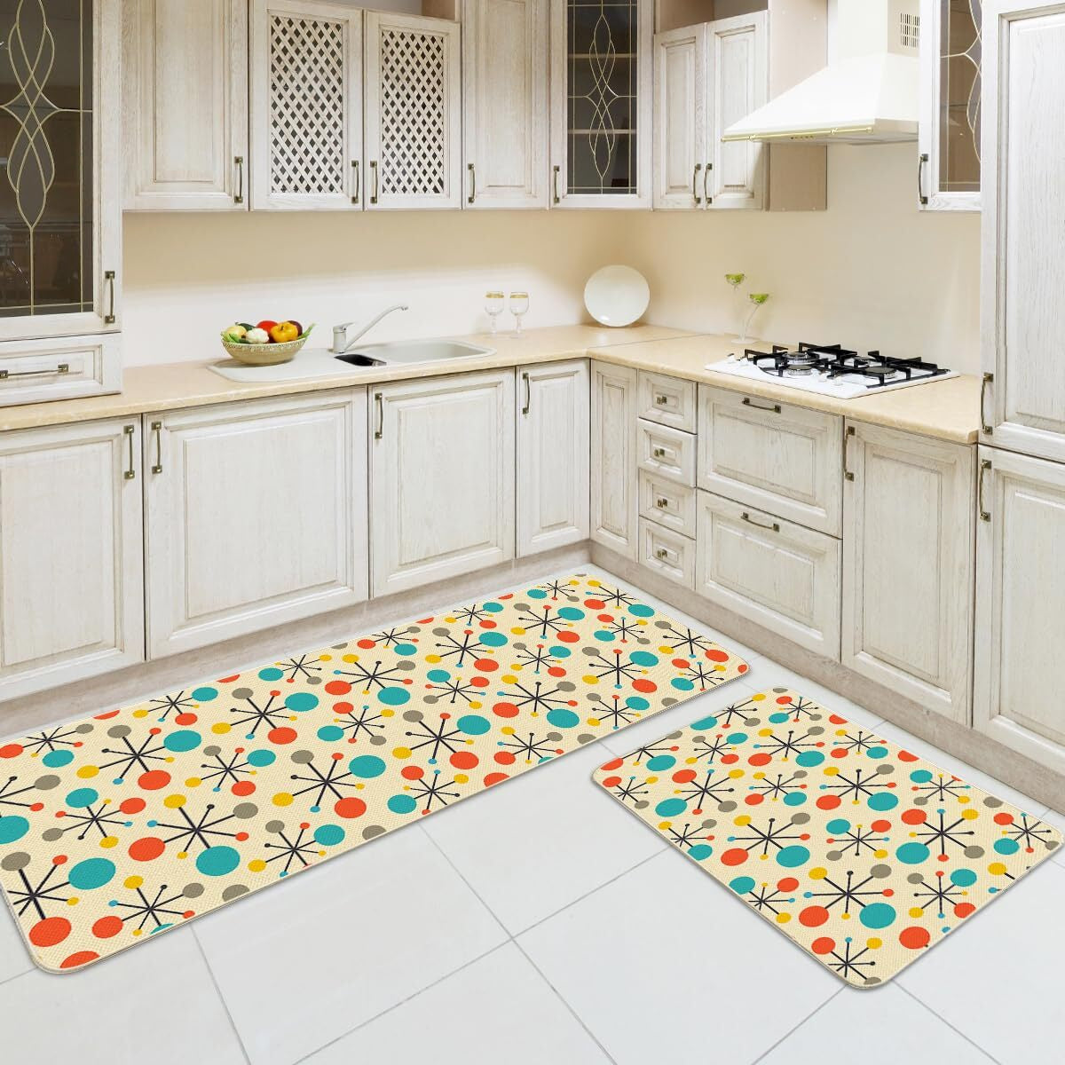 Kitchen Mats Rugs Non Slip Floor Set of 2 Mid Century Fifties Modern Atomic