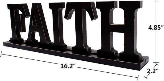 Rustic Wooden Faith Sign for Home Decor - Freestanding Tabletop Decor, 16.2" X 4.85" Black Faith Block Letters