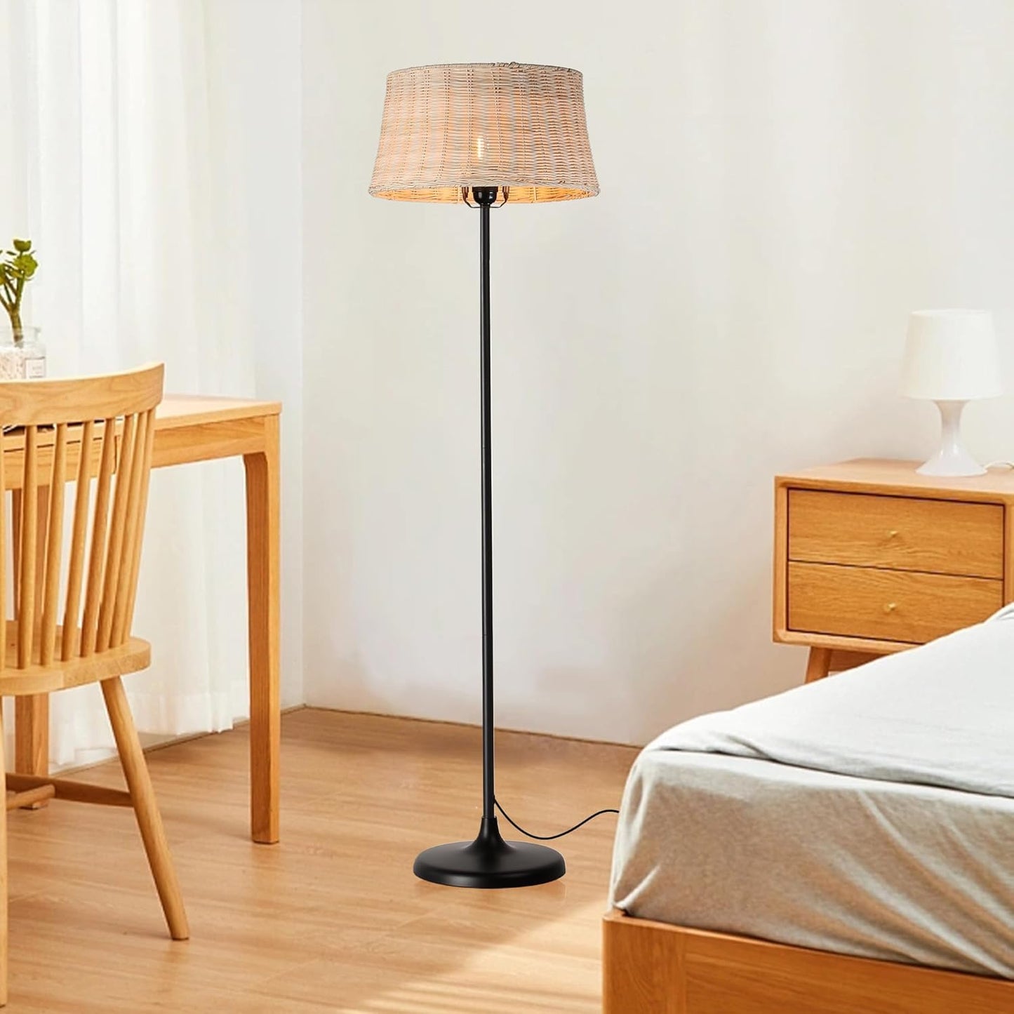 Rattan Industrial Floor Standing Lighting with Pedal Black Cord Wicker Lampshade