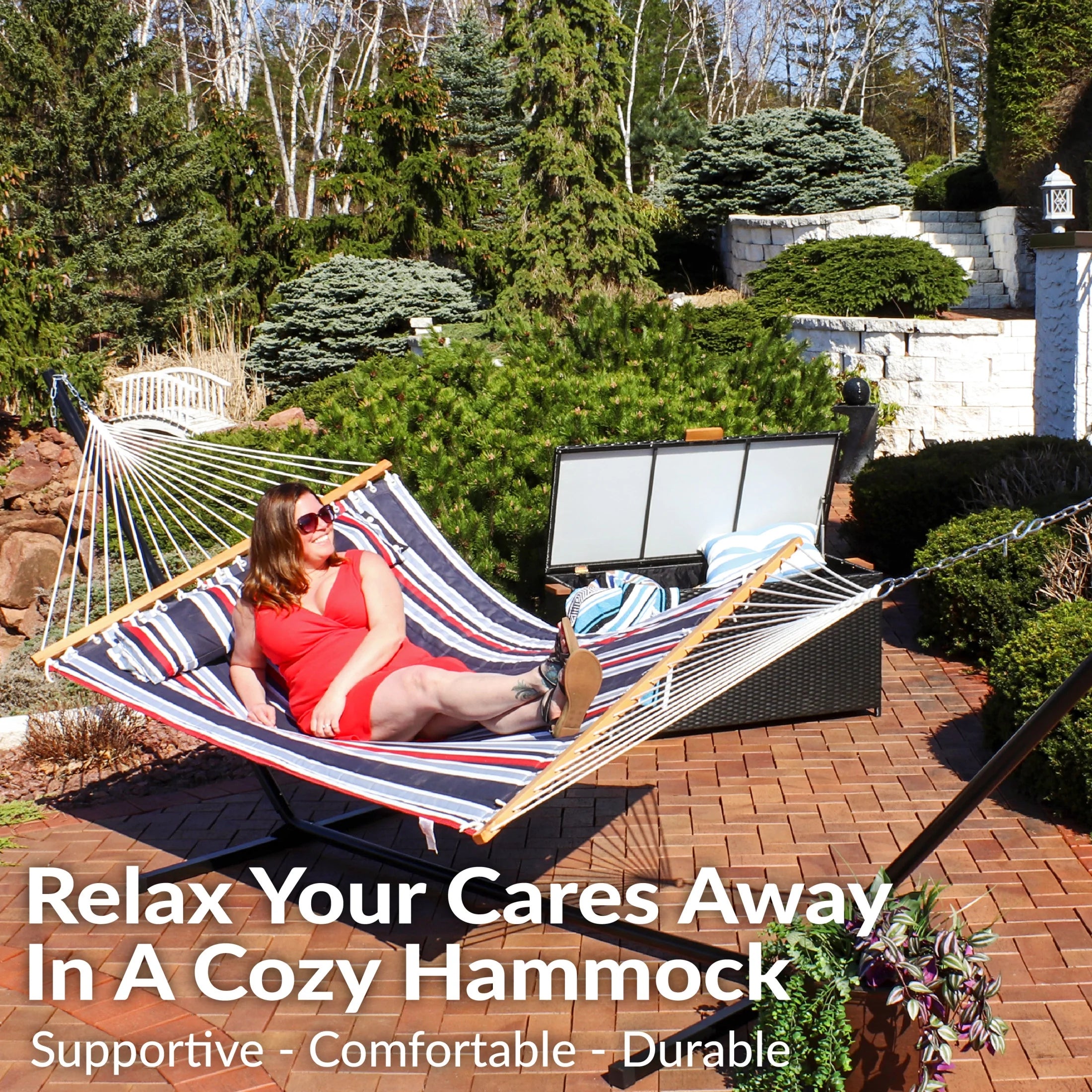 2-Person Quilted Polyester Spreader Bar Hammock, 450 Lb Capacity -Nautical Stripe