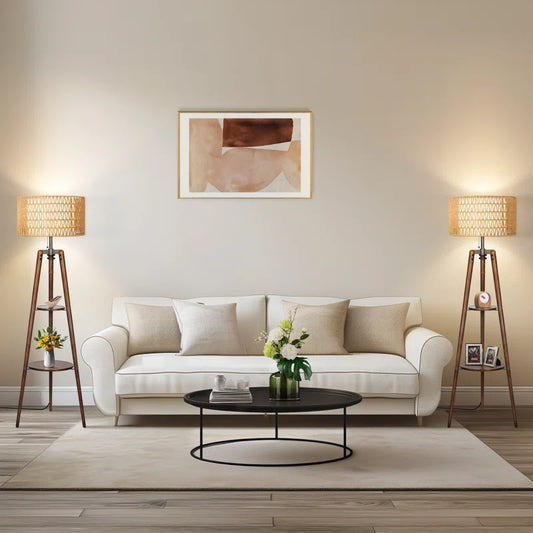 Acklins 61" Dimmable Tripod Floor Lamp Rattan Linen Dual Lampshades, Remote-Bulbs