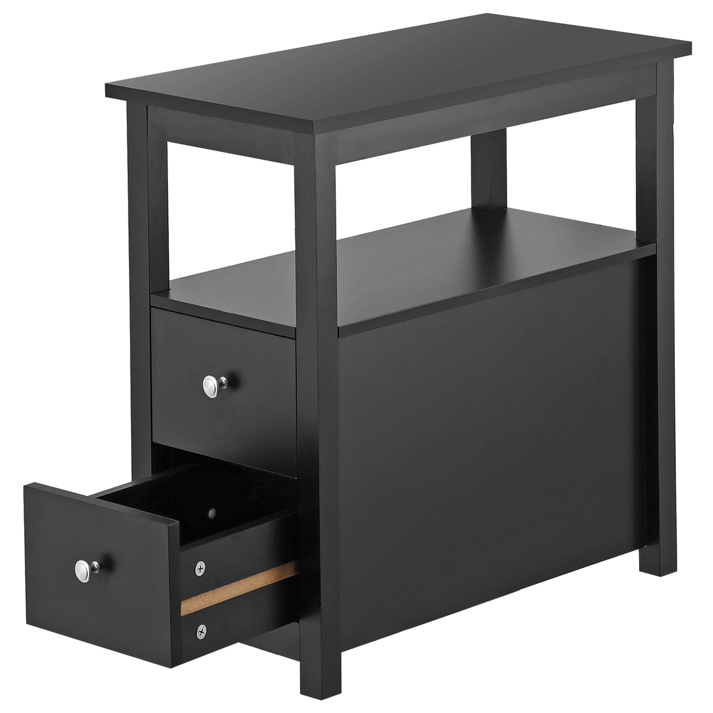 Black End Table with 2 Drawer and Open Shelf Narrow Side Table for Living Room
