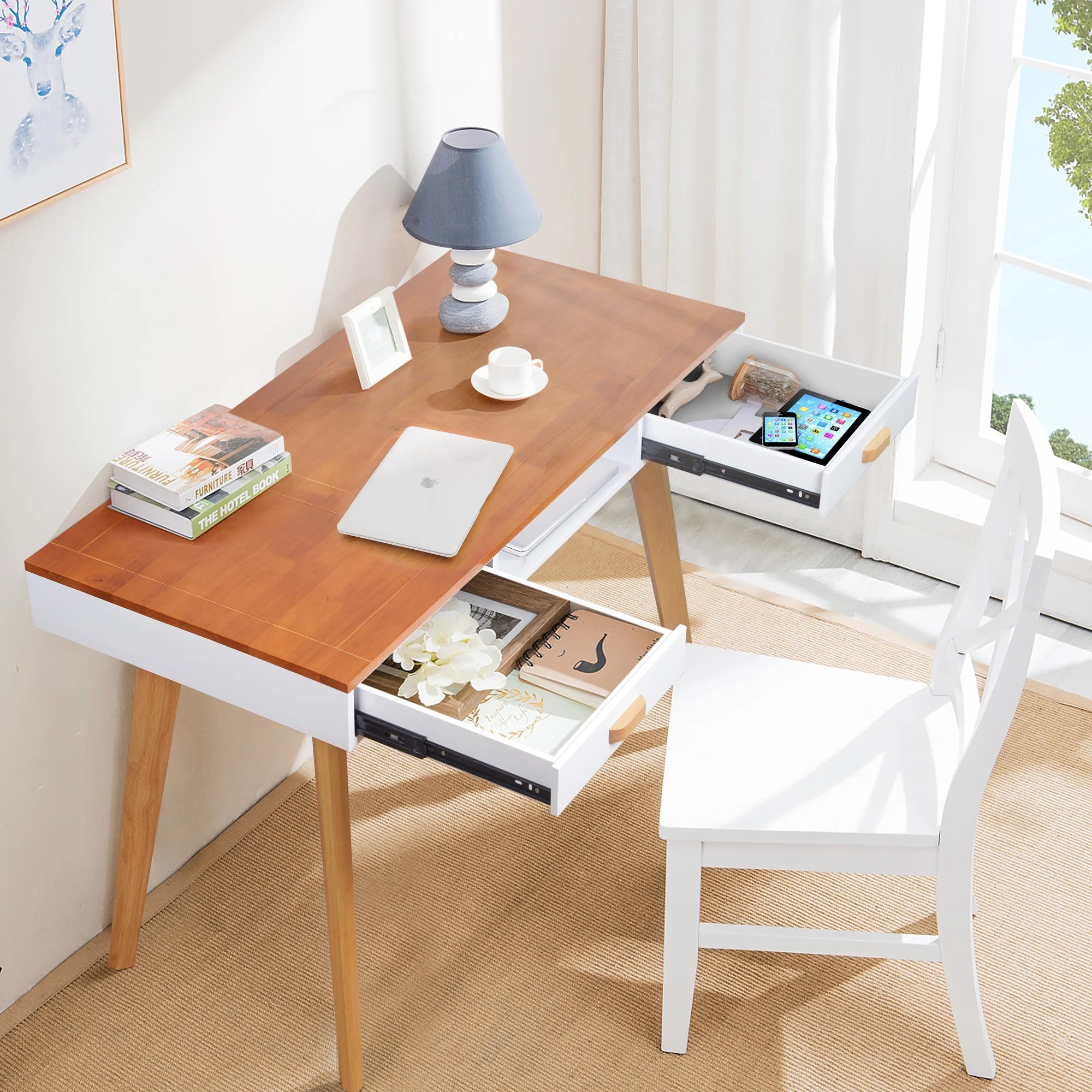 Writing Desk with Drawer, Modern Office Writing Table, Wooden Computer Desk for Home Office, Bedroom