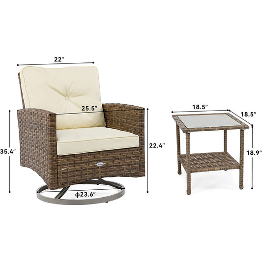 YINTATECH 3Pc Outdoor Furniture Garden Bistro Rocking Set Rattan Chair Cushion