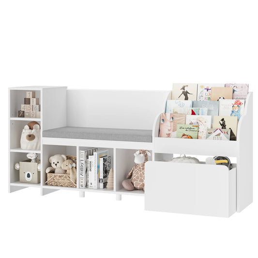 Kids Bookshelf with Reading Nook, 6 Shelf Bookcase with 1 Wood Toy Bin with 3 Tier Book Rack for Children Kidsroom