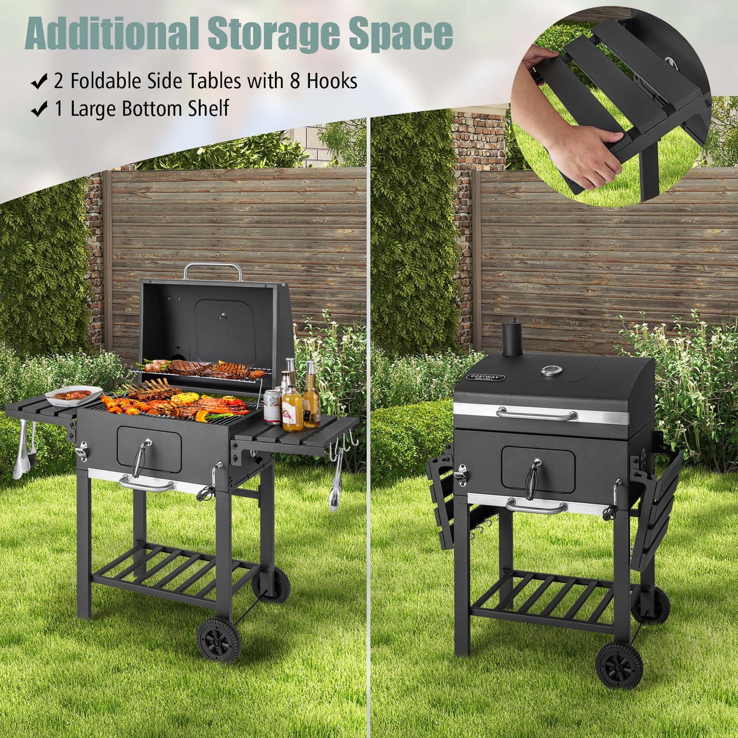 Outdoor Charcoal Grill 391 Sq.In. Cooking Area 2 Foldable Side Table BBQ Camping