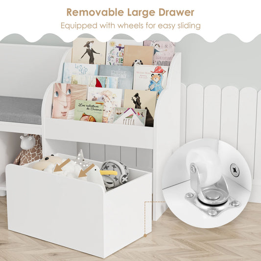 Kids Bookshelf with Reading Nook, 6 Shelf Bookcase with 1 Wood Toy Bin with 3 Tier Book Rack for Children Kidsroom