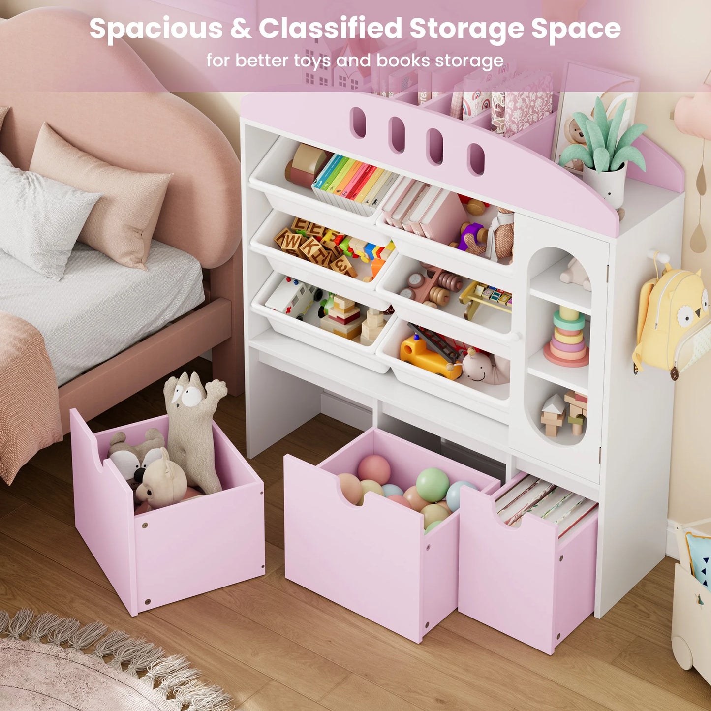 4-In-1 Kids Toy Storage Cabinet Bookshelf with 3 Drawers, Sturdy Toy Organizer for Kids Room, White&Pink