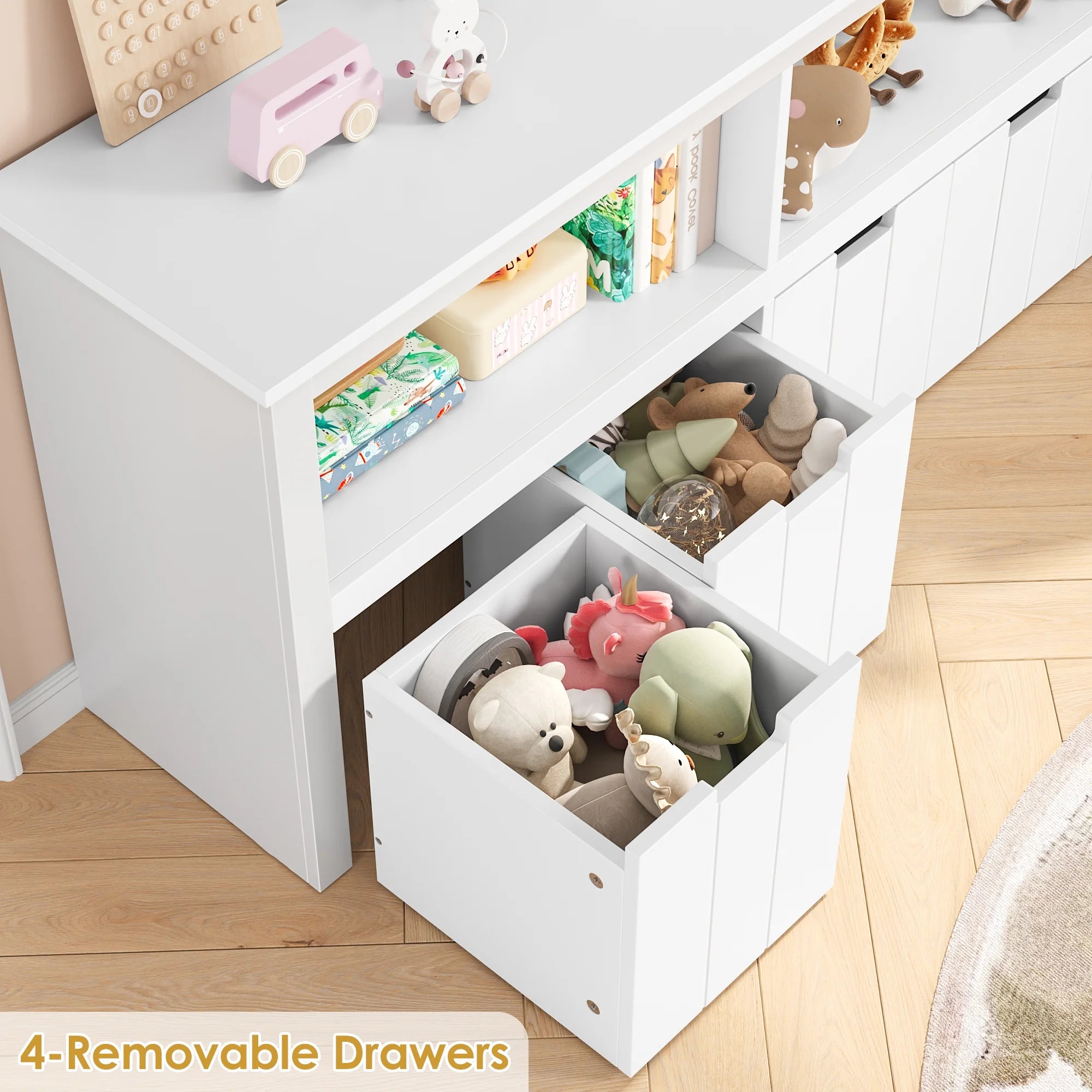 Kids Toy Storage with 4 Drawers, Cubes Storage Bin with Shelves and Wheels for Kids Living Room, White