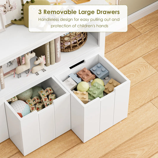Kids Toy Storage, Cubes Storage Bins with 3 Drawers, White Toy Box with Shelves and Wheels