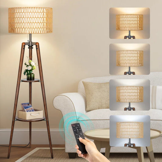 Acklins 61" Dimmable Tripod Floor Lamp Rattan Linen Dual Lampshades, Remote-Bulbs