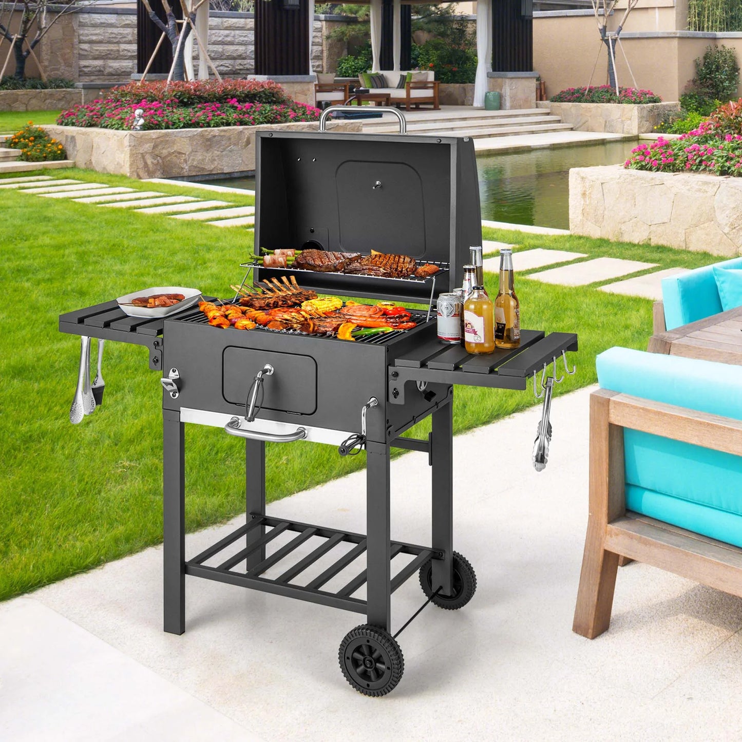 Outdoor Charcoal Grill 391 Sq.In. Cooking Area 2 Foldable Side Table BBQ Camping