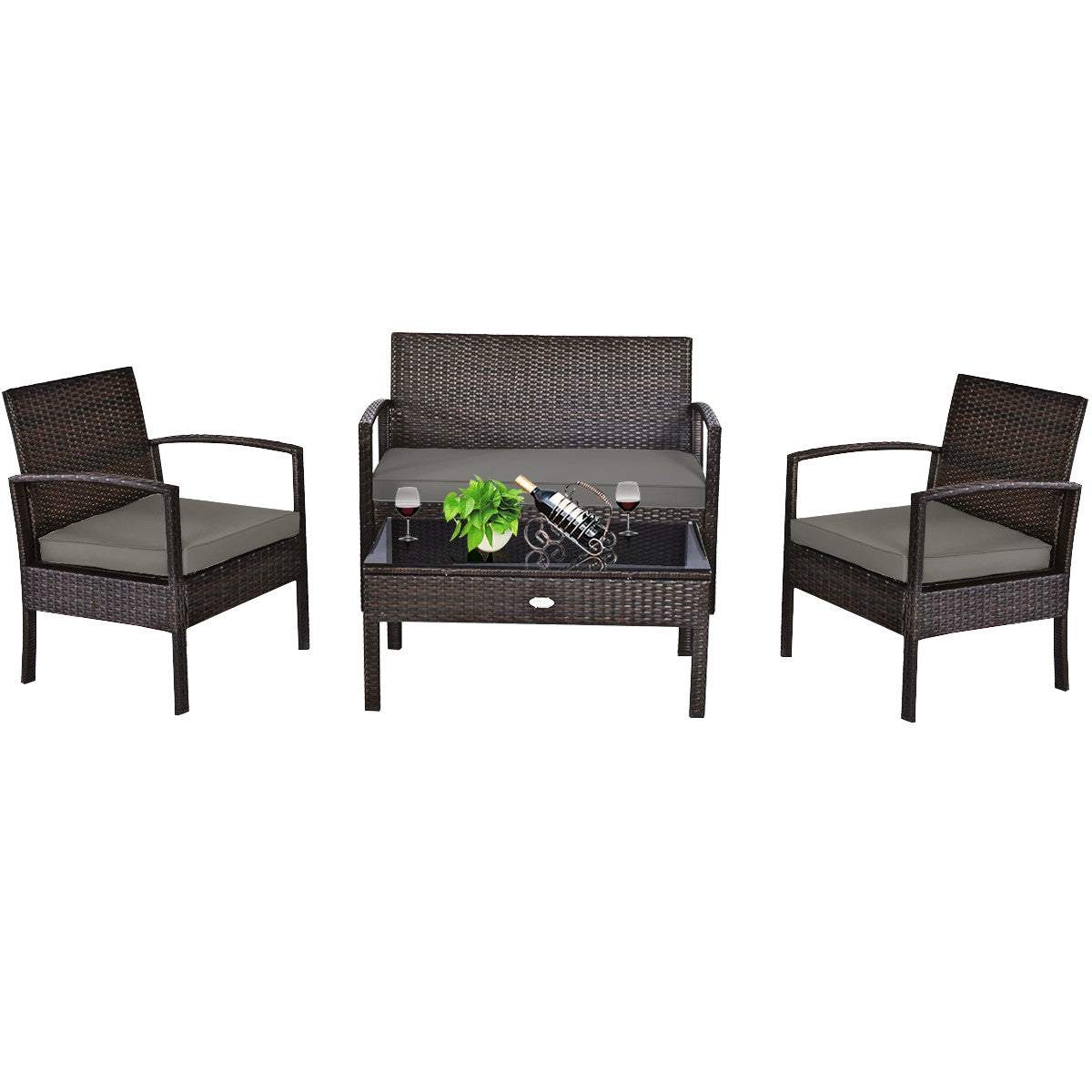 4PCS Outdoor Patio Rattan Furniture Set Cushioned Sofa Coffee Table Deck