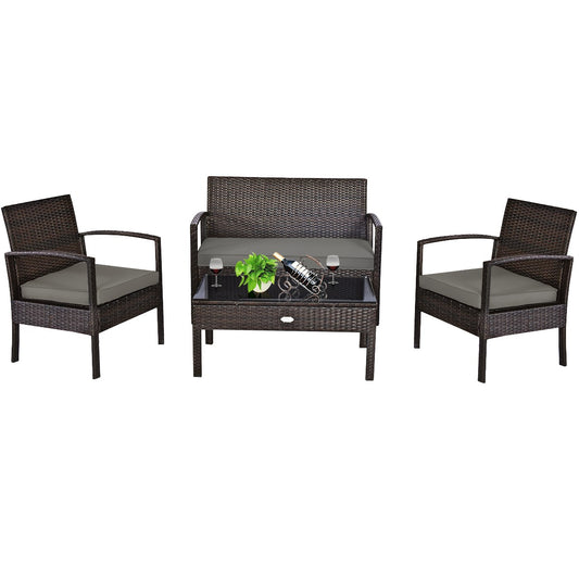 4PCS Outdoor Patio Rattan Furniture Set Cushioned Sofa Coffee Table Deck