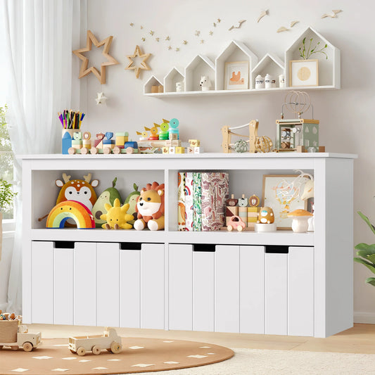Kids Toy Storage with 4 Drawers, Cubes Storage Bin with Shelves and Wheels for Kids Living Room, White