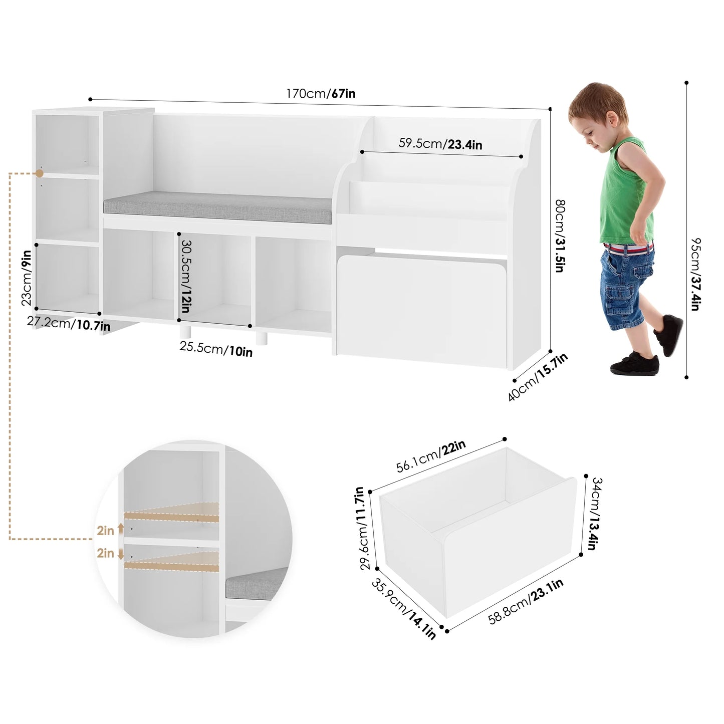 Kids Bookshelf with Reading Nook, 6 Shelf Bookcase with 1 Wood Toy Bin with 3 Tier Book Rack for Children Kidsroom