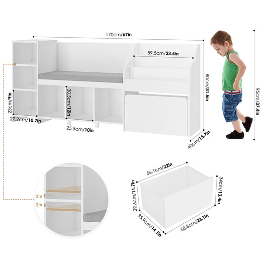 Kids Bookshelf with Reading Nook, 6 Shelf Bookcase with 1 Wood Toy Bin with 3 Tier Book Rack for Children Kidsroom