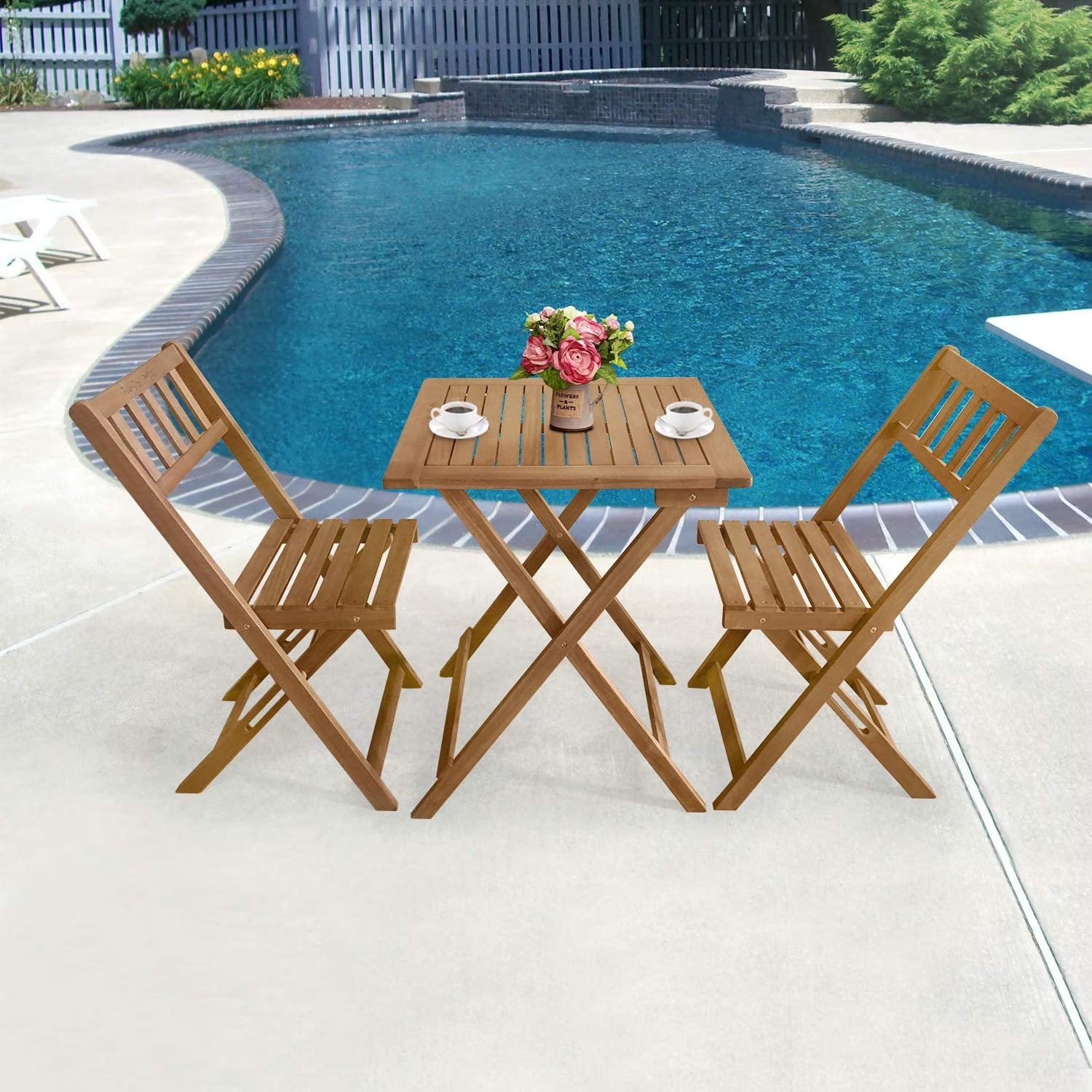 3 Piece Acacia Wood Folding Terrace Bistro Set Outdoor with 2 Chairs - round Table Natural Oiled
