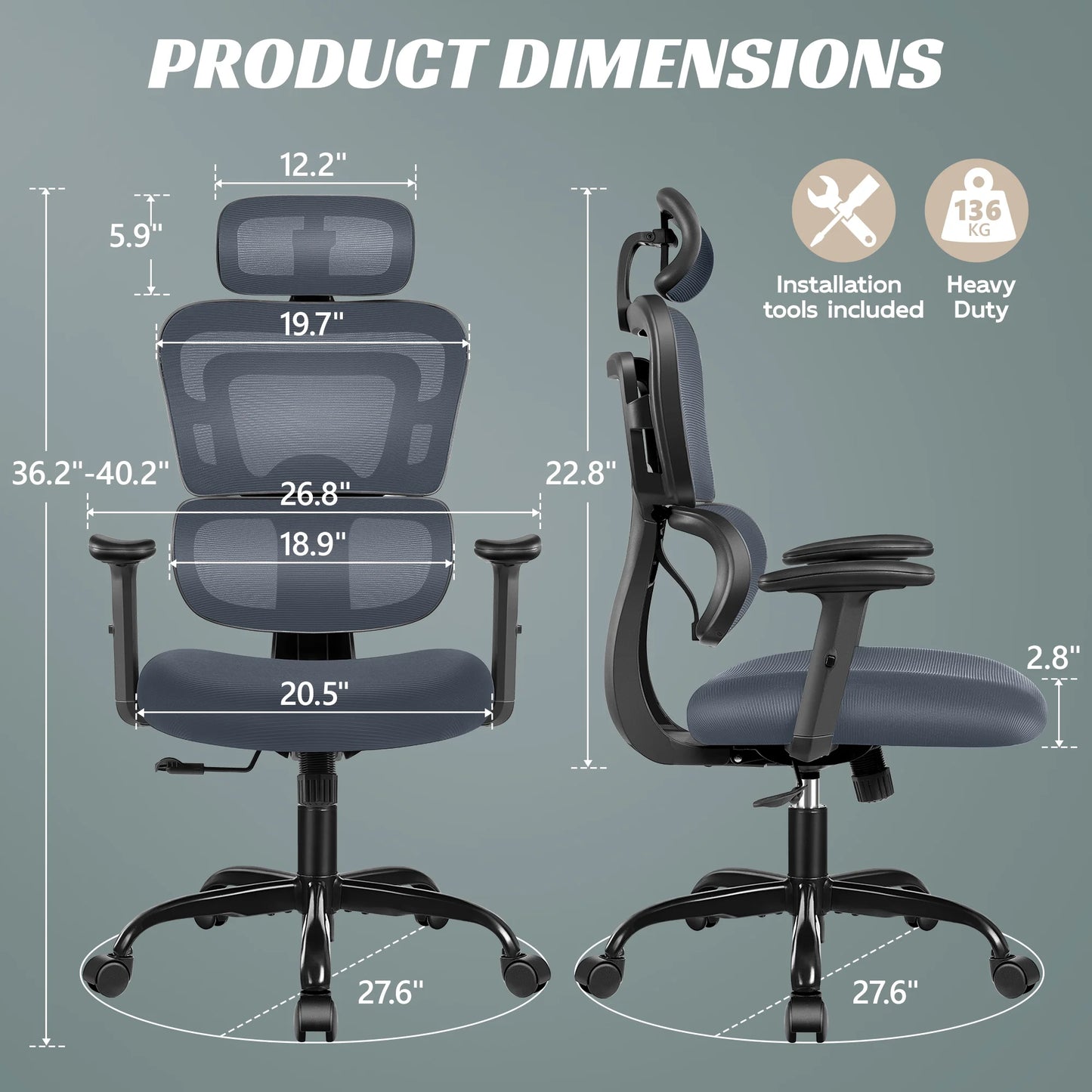 Ergonomic Office Chair Desk Chair High Back Computer Chair with Lumbar Support, High-Sponge Cushion Home Office Chair, 300Lbs, Dark Gray
