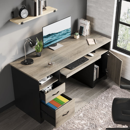 59” Computer Desk with Drawers, Executive Desk with Storage Cabinet, Keyboard Tray for Home Office, Gray