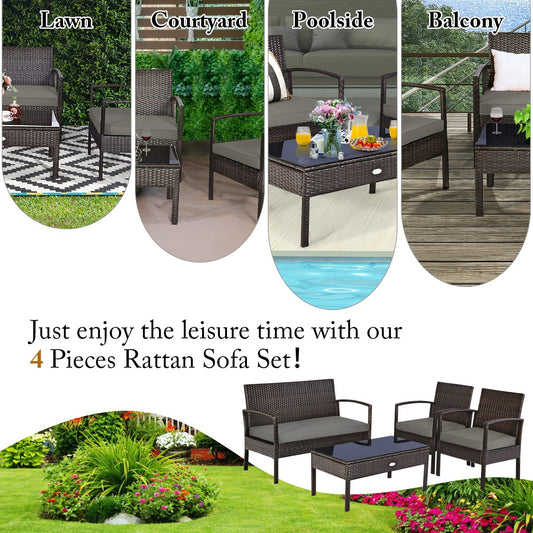 4PCS Outdoor Patio Rattan Furniture Set Cushioned Sofa Coffee Table Deck